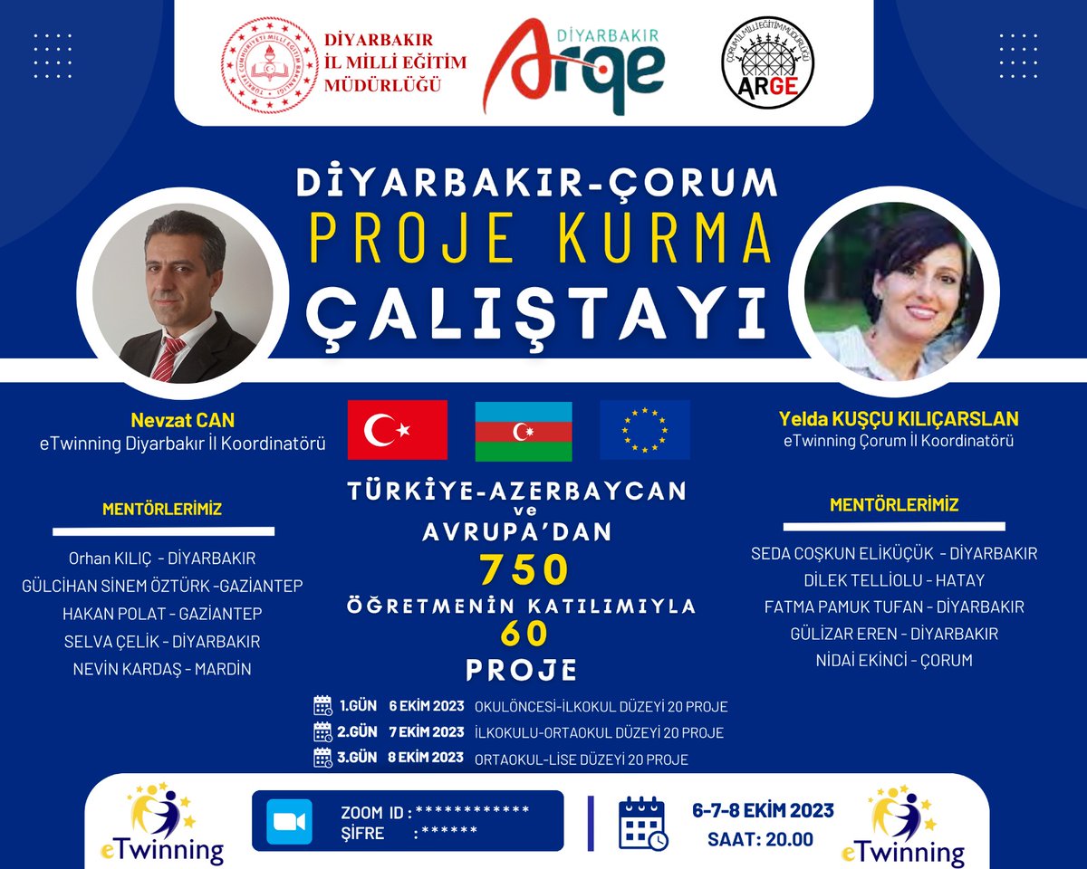 👩‍💻eTwinning Projeleri Çalıştayı📝

Ar-Ge Ekibimiz ve <a href="/CorumMemARGE/">Çorum MEM AR-GE</a> işbirliğiyle 6-7-8 Ekim tarihlerinde çevrimiçi ortamda Türkiye, Azerbaycan ve Avrupa'dan 750 öğretmenin katılımıyla 60 eTwinning projesi kurma çalıştayı düzenleyeceğiz.

<a href="/Yusuf__Tekin/">Yusuf Tekin</a>
<a href="/mebyegitek/">Yenilik ve Eğitim Teknolojileri Genel Müdürlüğü</a>
<a href="/Murat4Kucukali/">Murat Küçükali</a>