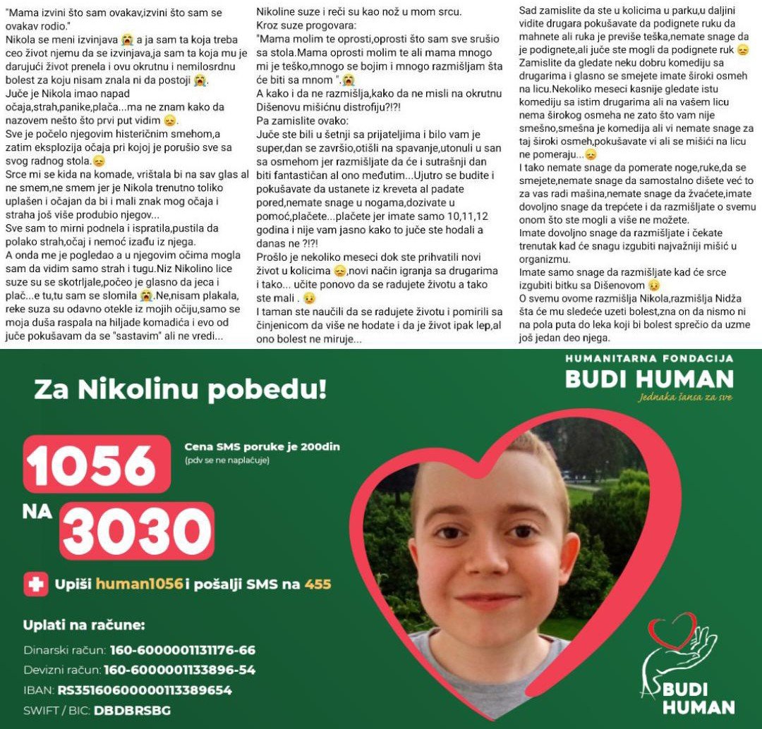 nikolaaclmovic's tweet photo. Teško je kad se dete izvinjava zato što je bolesno 😭,zato što je uplašeno za svoj život.Uplašen je Nikola,bolest mu je već uzela noge sad se pita šta je sledeće na redu,koji deo njega bolest će uzeti. 
Zato vas molim za RT, SMS,uplatu.
Nikola ima sve manje vremena i snage.😭🙏❤️ https://t.co/DhI8j9T3Qz