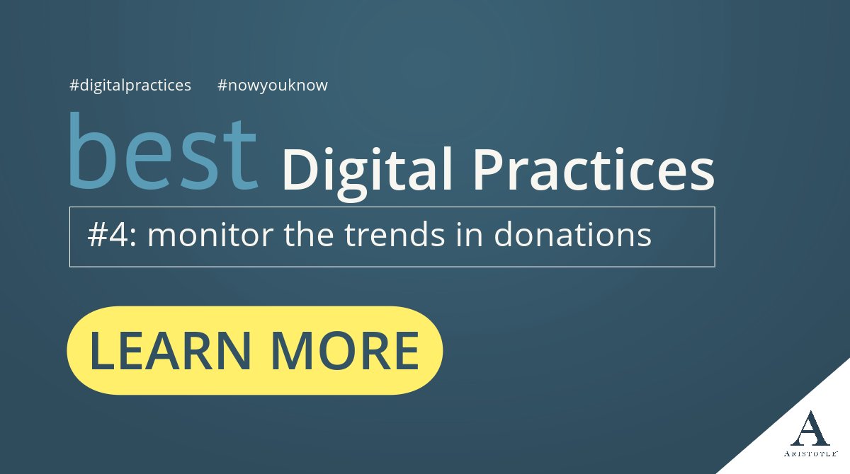 Week 4 of our best #digitalpractices is to monitor the trends in donations. These details can help you target effective methods to maximize your efforts. Aristotle’s premier software offerings are your one-stop campaign shop. Click here: aristotle.com/campaigns/ #nowyouknow