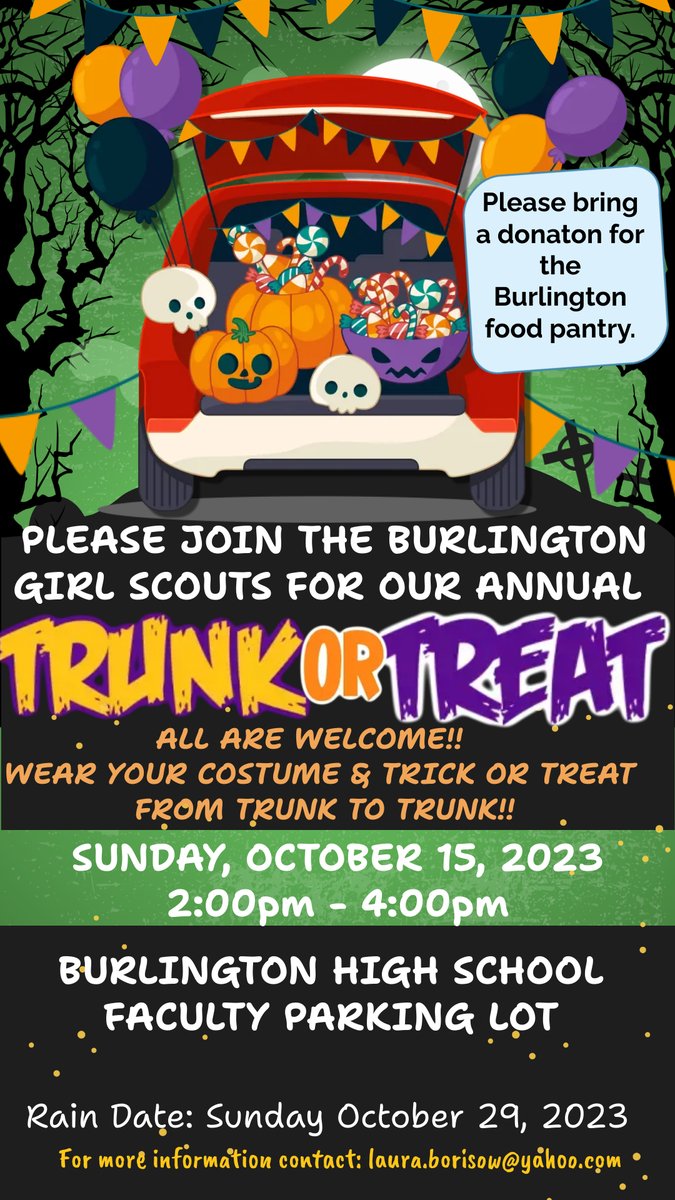 Wished to remind everyone!  BPD will be at the Trunk or Treat event with the Command Unit, Sunday October 15th from 2p-4p.  Burlington High School parking lot by the cafeteria.