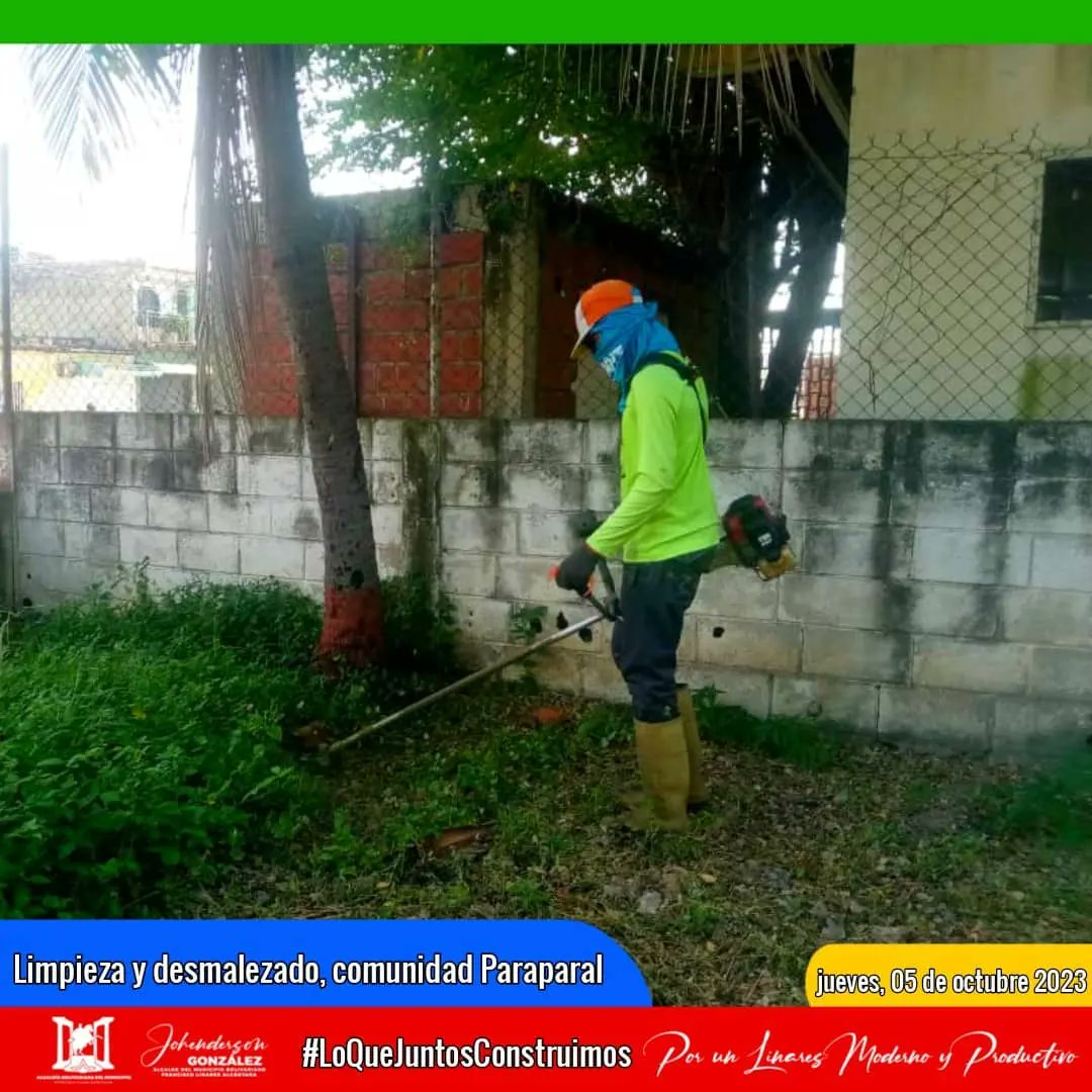 #5Oct | Dándole continuidad a nuestro Plan #LinaresLimpioModernoYProductivo, el equipo <a href="/sapmidsfla_/">sapmidsfla_</a> realiza limpieza y desmalezado en la comunidad Paraparal, avanzando en la construcción del #LinaresModernoYProductivo.
#DefendamosLoNuestro