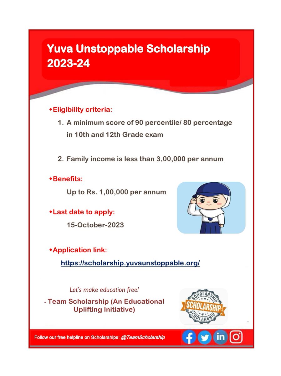 UDAAN scholarship by <a href="/UnstoppableYUVA/">YUVA Unstoppable</a>
The financial support covers school fees, tuition fees, books, stationery &amp; all other education related expenses incurred by the student for a period of 6 years
Apply: scholarship.yuvaunstoppable.org by Oct 15  
Happy learning :)
-TS
#EducationForAll