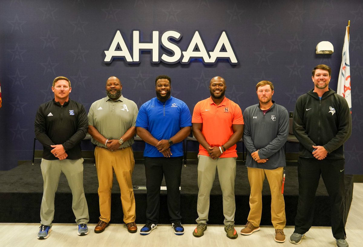 AHSAAUpdates's tweet photo. North and South All-Star Football Coaches in our office this morning selecting teams for December's All-Star Game at South Alabama https://t.co/xlCVoEbEp6