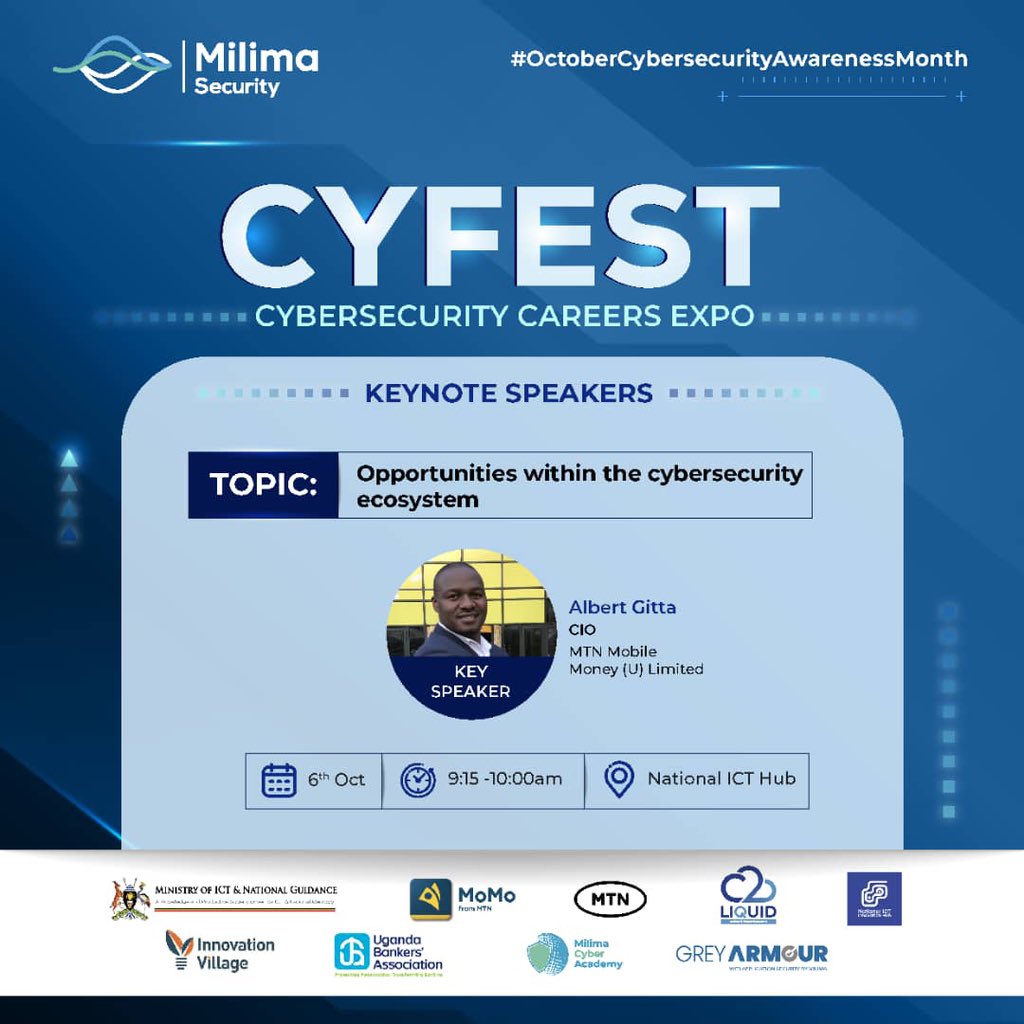 Milima Security (@milimatechug) on Twitter photo #OctoberCybersecurityAwarenessMonth2023
You won't want to miss the Keynote Address at this year's CyFest💬
Our special guest, <a href="/albert_gitta/">Albert Gitta</a>, will be sharing his insights on the opportunities within the cybersecurity ecosystem.
Don't miss this opportunity to hear from an expert. #OctoberCybersecurityAwarenessMonth2023
You won't want to miss the Keynote Address at this year's CyFest💬
Our special guest, <a href="/albert_gitta/">Albert Gitta</a>, will be sharing his insights on the opportunities within the cybersecurity ecosystem.
Don't miss this opportunity to hear from an expert.