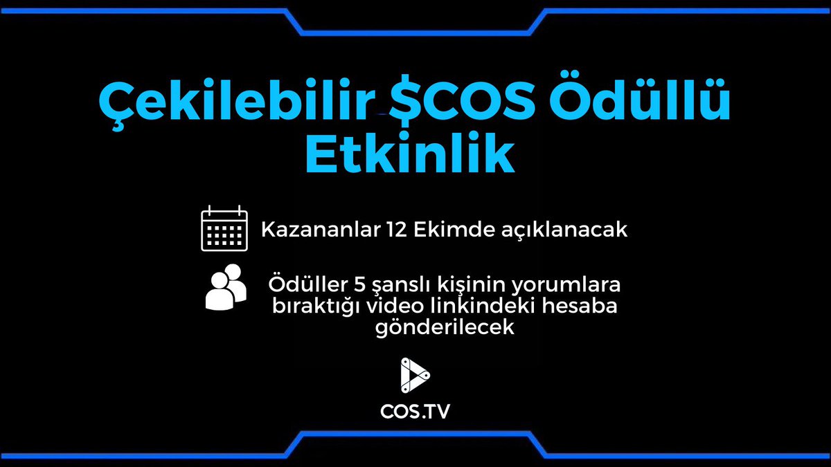 Etkinliğe Katılan Her Kişi Başına Ödül 10 $COS Artıyor😎

✅ Takip + RT et
✅ COS TV’ye yüklediğin bir videonun linkini yorumlara bırak

Etkinliğe katılan kişi sayısını 1️⃣0️⃣ $COS ile çarpıyoruz😍

Toplam ödülü sizin belirlediğiniz bir etkinlik😎