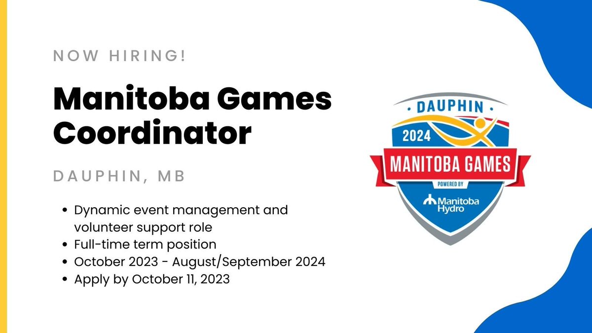 The Dauphin Host Society is hiring a coordinator for the 2024 Games. Support hundreds of volunteers and help us deliver a major multi-sport event! Apply now: buff.ly/3RKmuqg before next Wednesday's deadline. @manitobahydro @cityofdauphin