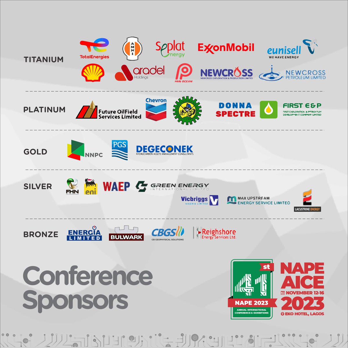 NAPENigeria's tweet photo. Meet the powerhouse behind our vision!
Ever wondered who makes the magic happen?
It's these incredible sponsors, turning aspirations into achievements
Please applaud our esteemed corporate SPONSORS!
#SponsorsOfSuccess #PetroleumPioneers #NAPExplore https://t.co/3qpt4vYrwz