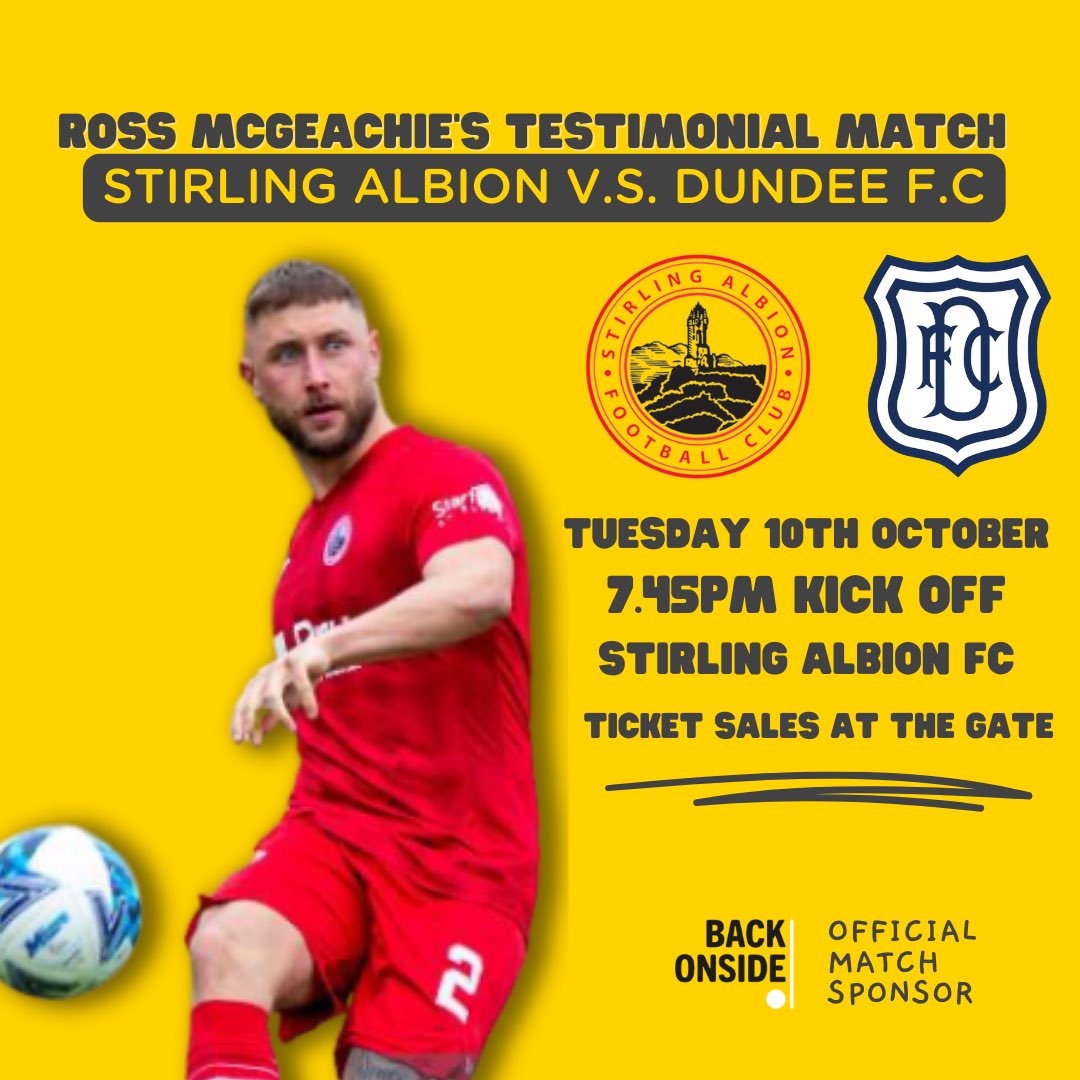 ⚽️ 𝗡𝗘𝗫𝗧 𝗧𝗨𝗘𝗦𝗗𝗔𝗬 𝗡𝗜𝗚𝗛𝗧 ⚽️

We are delighted to be part of the <a href="/Stirling_Albion/">Stirling Albion FC</a> vs. <a href="/DundeeFC/">Dundee Football Club</a> Testimonial match for Back Onside supporter +  good friend Ross McGeachie   🙌🏼. 

Both clubs are close to us, and we’re so excited to be there on the night! You’ll also