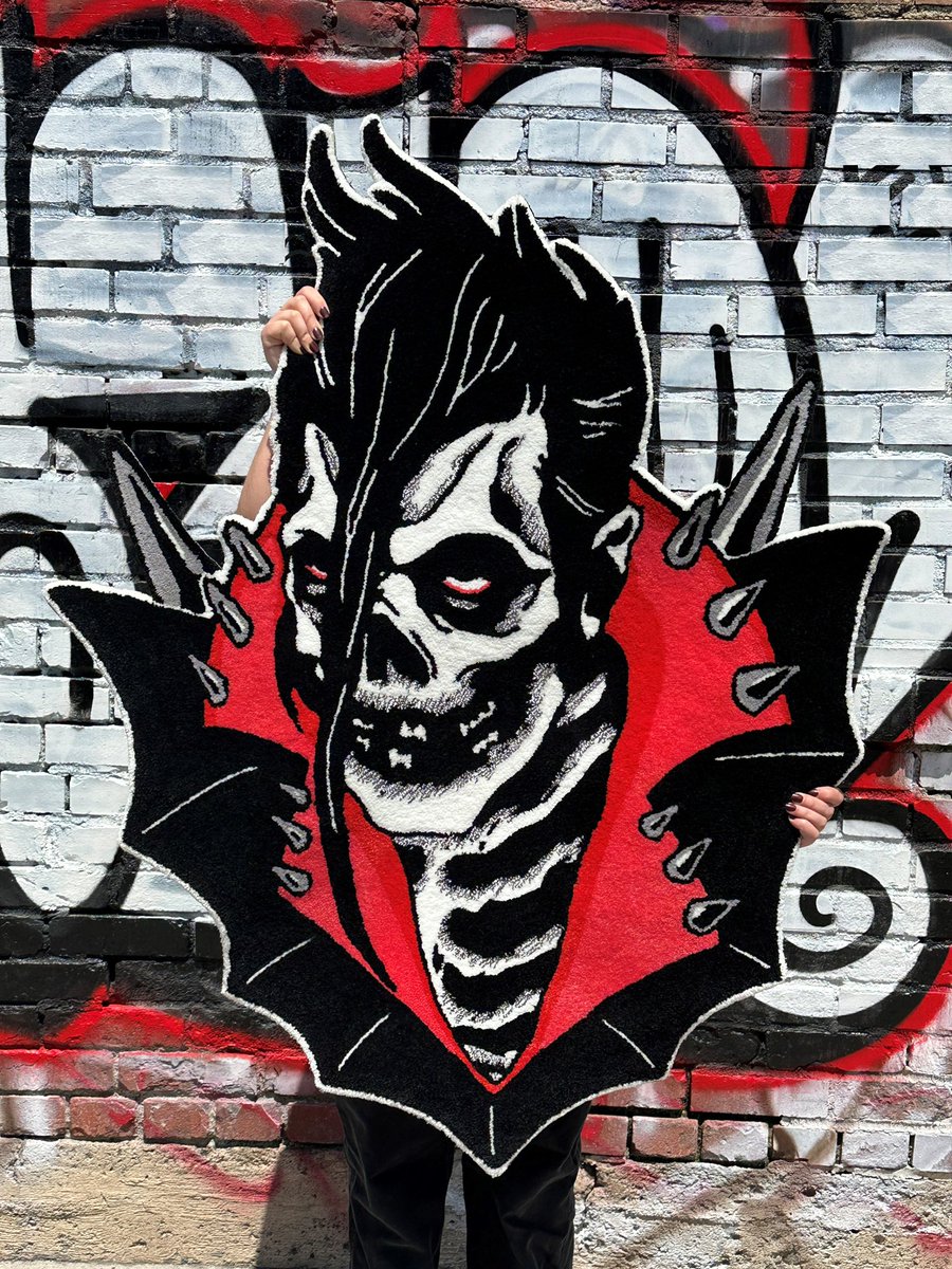 Misfits’ Jerry Only “Anti-Hero” LTD ED RUG — In Stock and Ready to Ship! 4 ft x 3 ft, Hand Tufted Soft Threading w/ cotton backing & stitched edge, 0.5” thick. Ltd quantities Available Now at: Store.MisfitsRecords.com