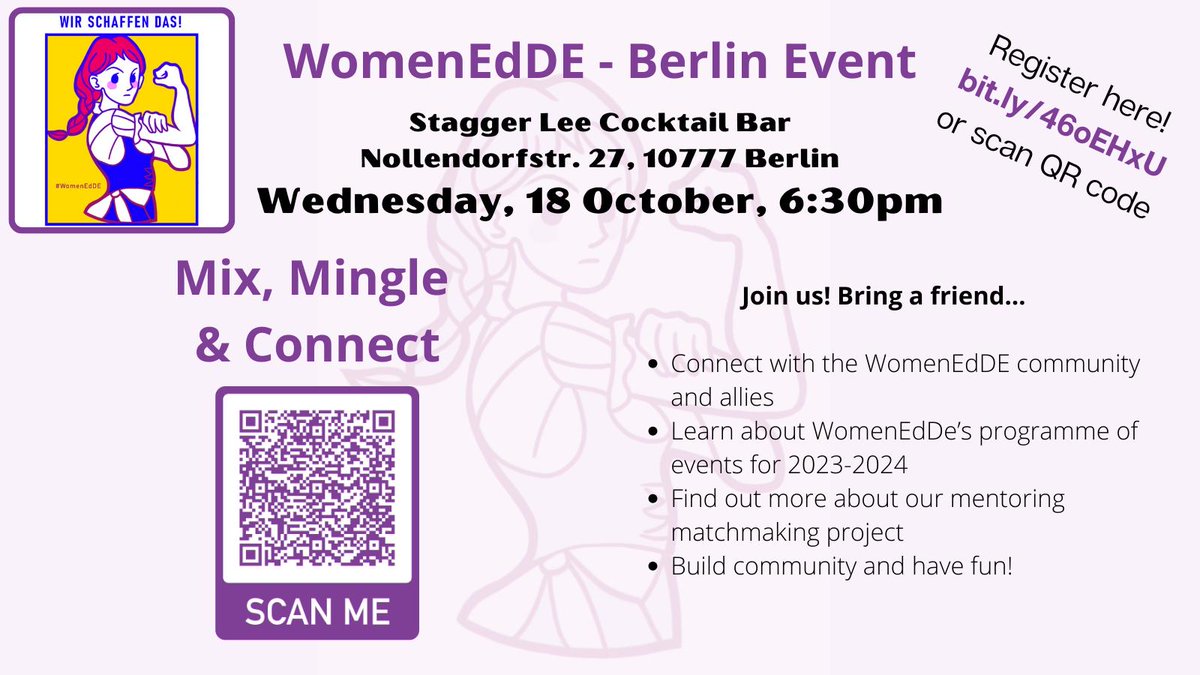 Join us for a WomenEdDE BERLIN event.
Mix, mingle and meet your mentor/mentee. Spread the word!

📅 Wed 18 Oct, 2023
⌛  18:30-20:30
🍹 Stagger Lee | Nollendorfstrasse 27, 10777 Berlin

Register here:
🔗 bit.ly/46oEHxU

#WomenEd #mentor #mentee #genderequity #networking