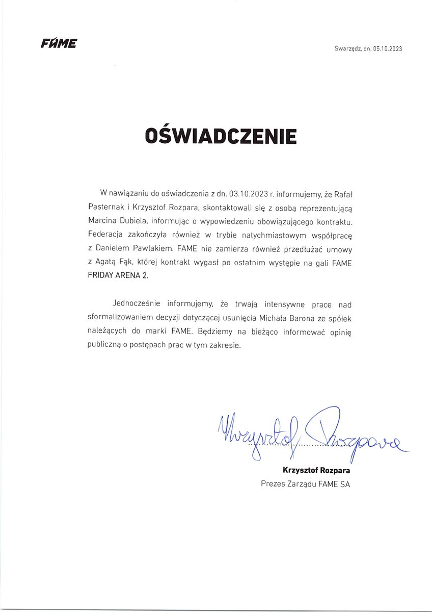 Federacja postanowiła wydać zbiorcze oświadczenie.

Wymagało to chwili, by skontaktować się ze wszystkimi osobami, których poniższe oświadczenie dotyczy. Właścicielom FAME nie udało się skontaktować z Marcinem Dubielem, dlatego informacja o rozwiązaniu kontraktu została