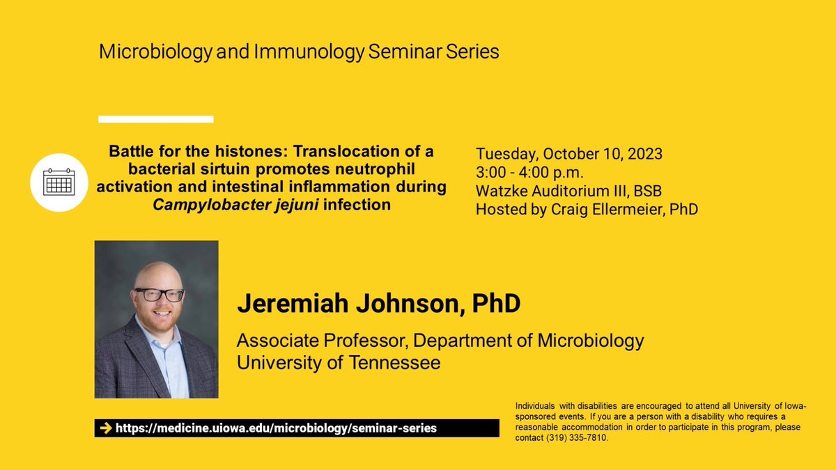 uiowamicrobio's tweet photo. Seminar Series: Jeremiah Johnson, PhD - Associate Professor, Department of Microbiology, University of Tennessee at 3 pm 10/10/23, in Watzke Auditorium III, BSB https://t.co/0mLCMoua8R