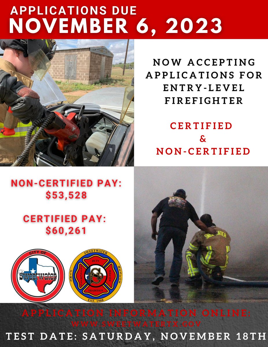 🚒CAREER OPPORTUNITY🚒 Are you looking to start or continue your career as a Firefighter? The Sweetwater Fire Department offers competitive pay and benefits, training opportunities, and a team-oriented work environment. Application &amp; info: sweetwatertx.gov/about-us/emplo…