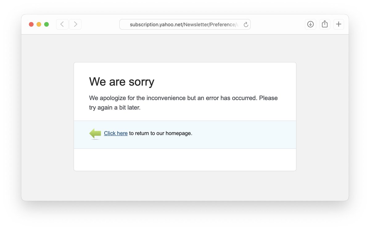 jayrobinson's tweet photo. @yfinanceplus Your email unsubscribe link has returned this webpage for months now. I would appreciate it if you could fix it. https://t.co/TQJU23mm6M
