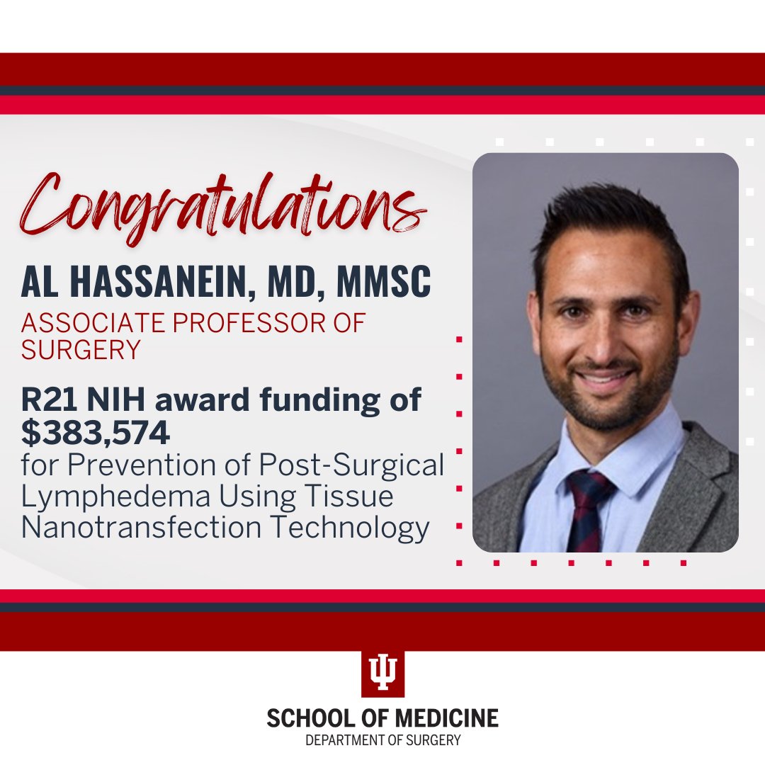 IU_Surgery's tweet photo. 👏 Join us in congratulating Dr. Al Hassanein, MD, MMSc, on his groundbreaking work and obtaining an NIH R21 grant of $383,574 over two years! 🌟

Dr. Hassanein's research explores the novel approach of "Prevention of Post-Surgical Lymphedema Using Tissue Nanotransfection Technology" 

Why is this research crucial? 
Lymphedema affects 5 million Americans, leading to limb enlargement, infections, and decreased quality of life. There's no cure once established. Dr. Hassanein's innovative gene therapy approach aims to prevent lymphedema at the time of lymphatic injury. 💪

This will be Dr. HAssanein's second NIH grant for 2023.
Let's support his quest to make a difference in patients' lives! 📚 
#ResearchMilestone  #LymphedemaPrevention 
#IUSurgery