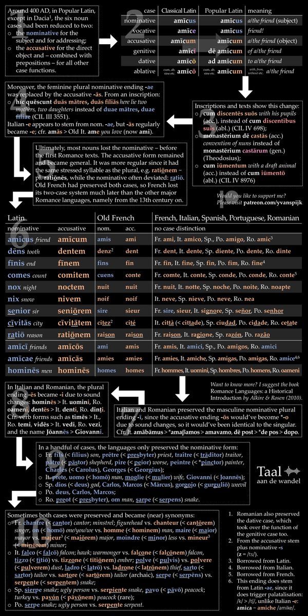 Latin had six noun cases, but in all Romance languages except Romanian, nouns only have one singular form and one plural form left. What happened? This extra large infographic tells you in 10 steps how the Latin case system collapsed – and how the accusative emerged victorious: