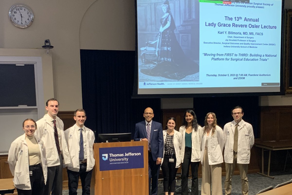 Thank you to Dr. Karl Bilimoria for an excellent 13th Annual Lady Grace Revere Osler #GrandRounds Lecture @JeffSurgery this morning 👏 📸@kbilimoria @IU_Surgery (center) with @GibbonSurgSoc student leaders @JeffersonUniv
