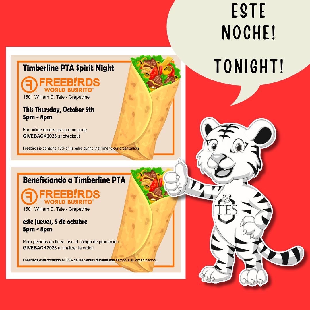 Timberline PTA (@timberlinepta) on Twitter photo Este Noche <a href="/FREEBIRDS_WB/">Freebirds World Burrito</a> Tonight! <a href="/TimberlineNews/">Timberline Elementary School</a> #tesleads #testigers Este Noche <a href="/FREEBIRDS_WB/">Freebirds World Burrito</a> Tonight! <a href="/TimberlineNews/">Timberline Elementary School</a> #tesleads #testigers