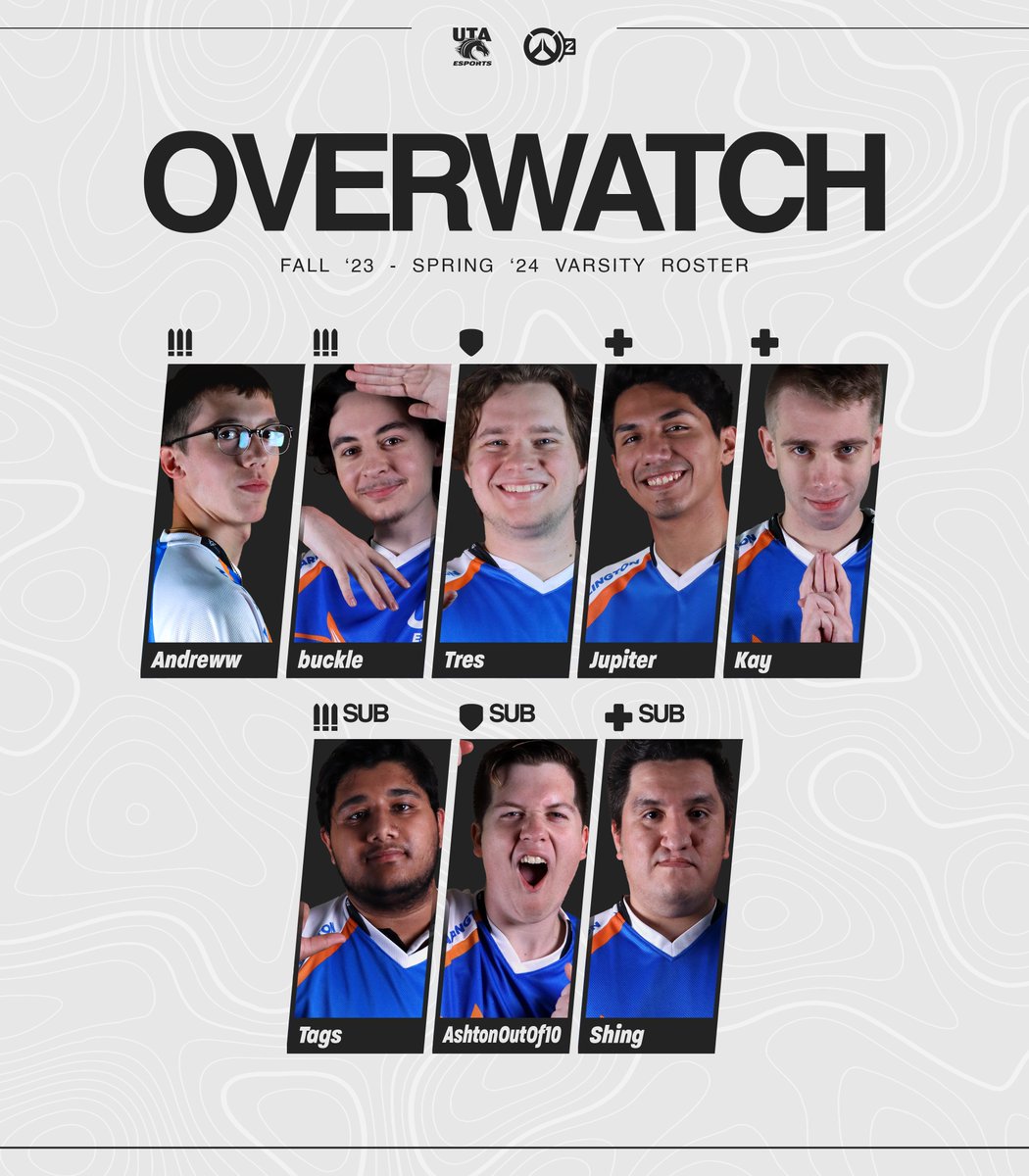 UTAEsports's tweet photo. We have been called, and we must answer.

Say 'grrrRRRREETINGS' to your UTA 2023-24 Varsity Overwatch 2 roster!

🔸@andrewwsmi
🔹buckle
🔸@tres_eberle
🔹@JupiterOW_
🔸@frost_kaylon
🔹@Tagsstaha
🔸@AshtonOutOf10
🔹@shing257

#MavUp https://t.co/J4ZiagBSUV