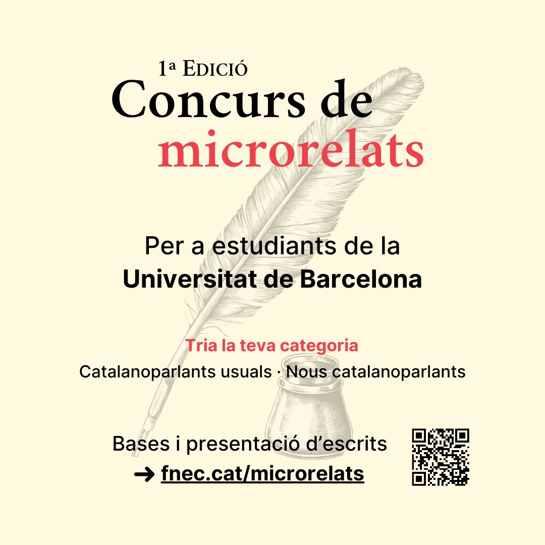 UBfnec's tweet image. 📣 Estudiants de la UB! 📚🗣️ Teniu una veu poderosa: el català. 🌟 La Fnec us convida a participar al nostre primer concurs de microrelats, una oportunitat per mostrar la vostra creativitat i amor per la llengua catalana. 🏆

Bases: fnec.cat/microrelats  #CatalàUB #Fnec