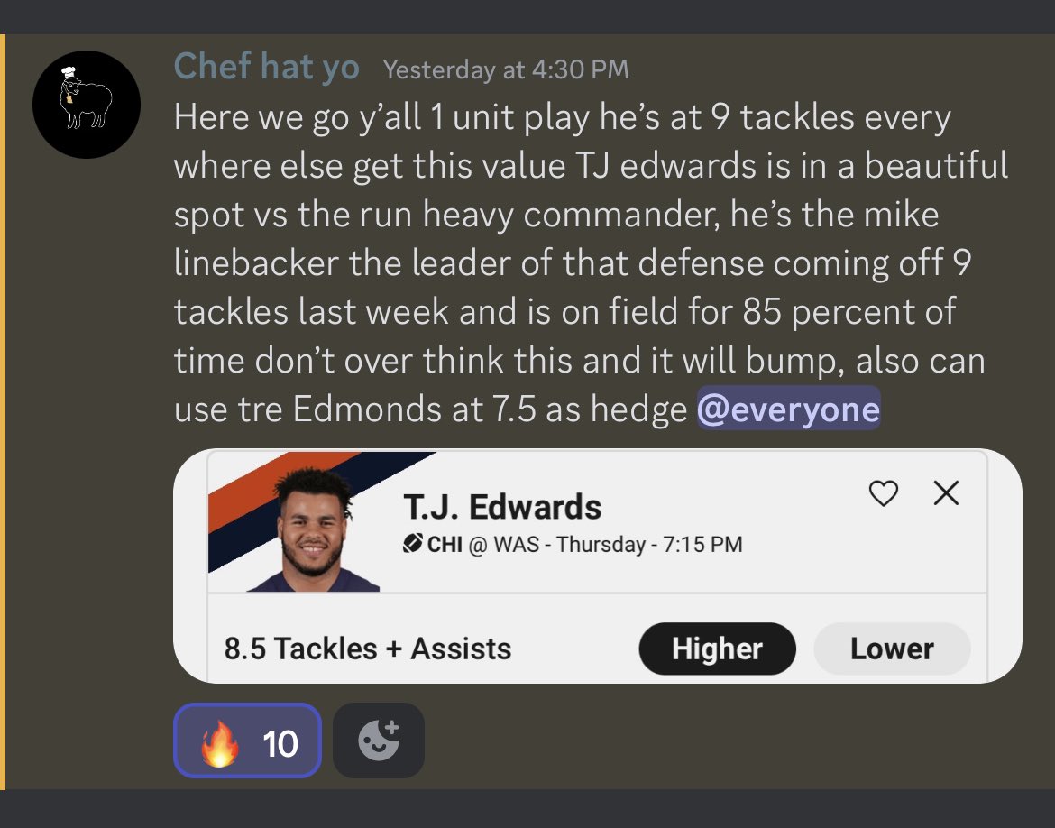 BlackSheepB3ts's tweet photo. Our FAVORITE tackle prop of the day 🔥

Join the FREE discord for pairs and more TNF plays: https://t.co/A1iW4mxQmb

#PrizePicks #Underdog #SleeperApp #NFL #NFLPicks #NFLProps #TNF #DFS #POTD #FreePlays #BettingTips #GamblingX #GamblingTwitter #FanDuel #DraftKings https://t.co/6GbfTk4cAx