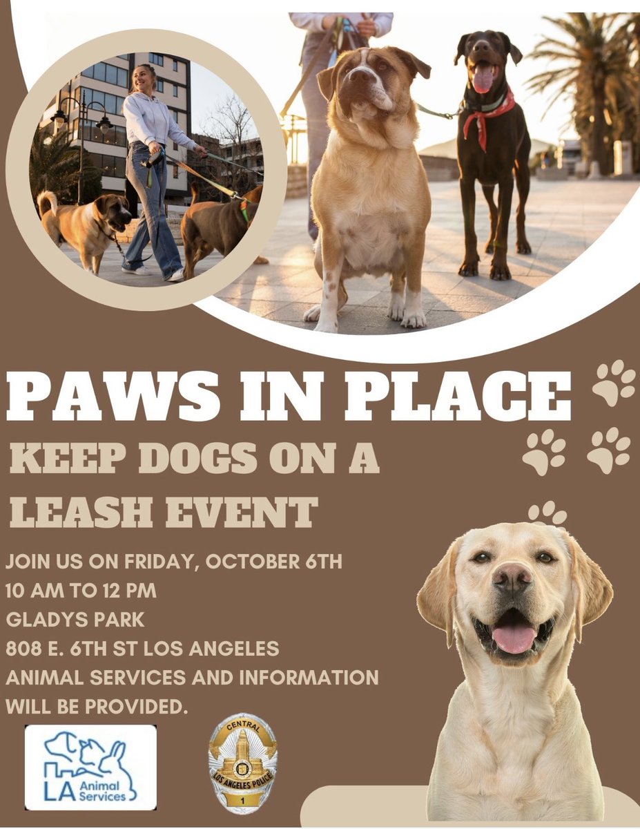 Join myself and other Senior lead Officers for an event at Gladys Park. Bring your furry friend 🐶🐾 <a href="/LAPDCentral/">LAPD Central Division</a>