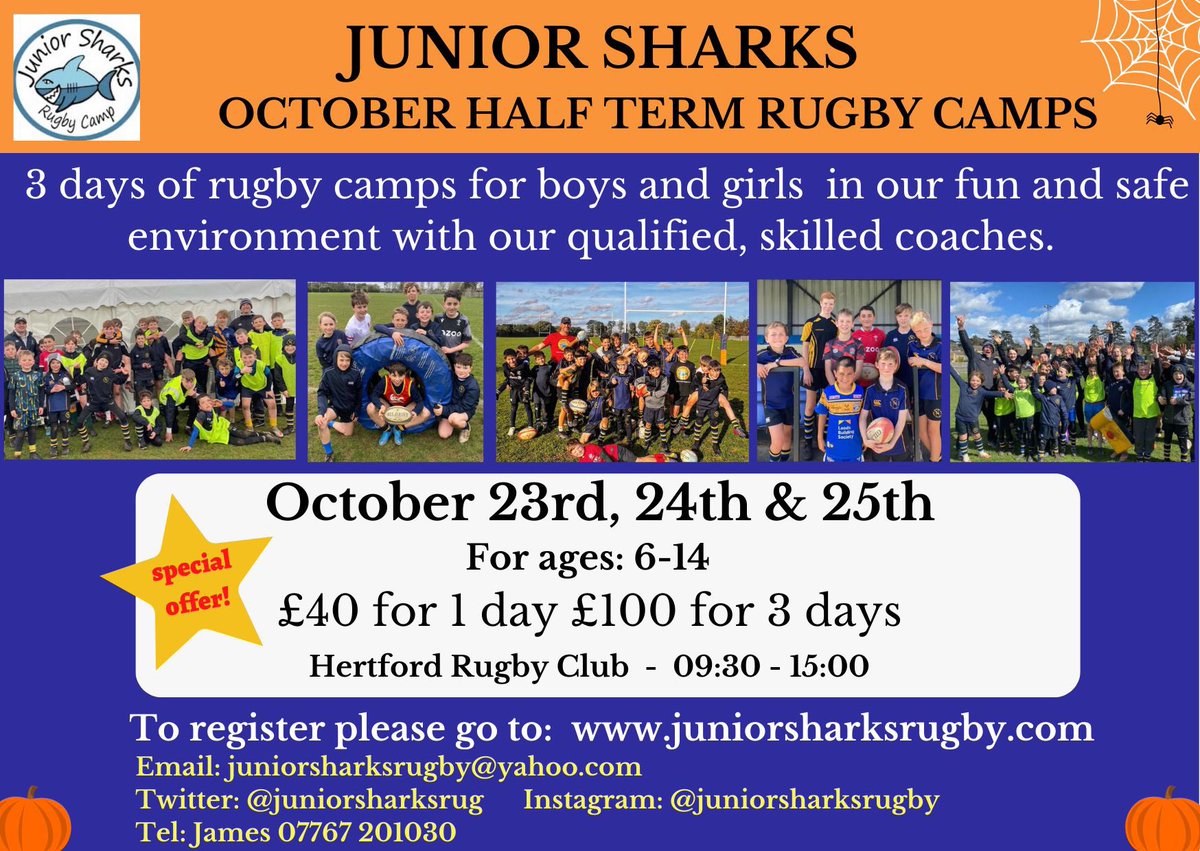 Half term rugby camps <a href="/HertfordRFC/">Hertford RFC</a> <a href="/hertsrugby/">Herts Rugby</a> , come along and enjoy having fun and brushing up on your rugby skills 🏉🏉🏉