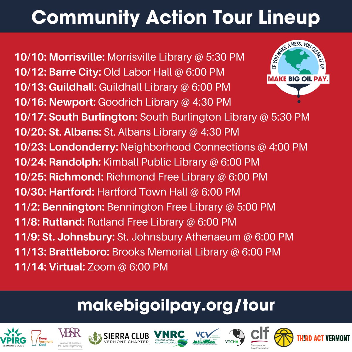 What is climate change costing you? Let us know at the #MakeBigOilPay Community Action Tour! Share your climate stories, connect with local activists, learn about <a href="/VPIRG/">VPIRG</a>'s new climate campaign &amp; take immediate community action. Learn more &amp; RSVP: makebigoilpay.org/tour #vtpoli