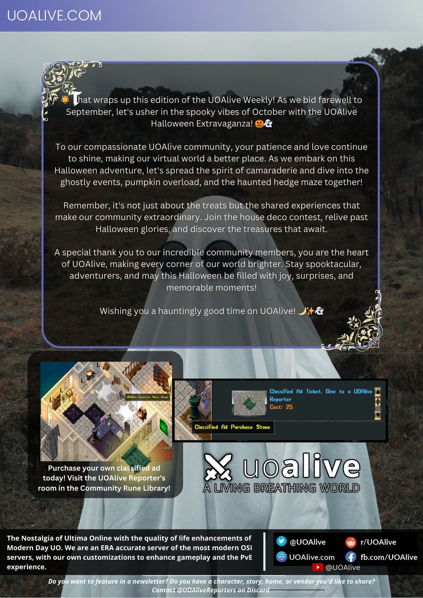 UOAlive's tweet photo. This weeks UOAlive Magazine/Newsletter: Trick or Treat Yourself! - Join https://t.co/C0mnPOUMwa today, the #1 Populated PvM/PvE Ultima Online Server! @pcgamer @GameSpot @PCMag
#uo #ultimaonline #mmo #MMORPG #halloween https://t.co/QpMUBaBRkR