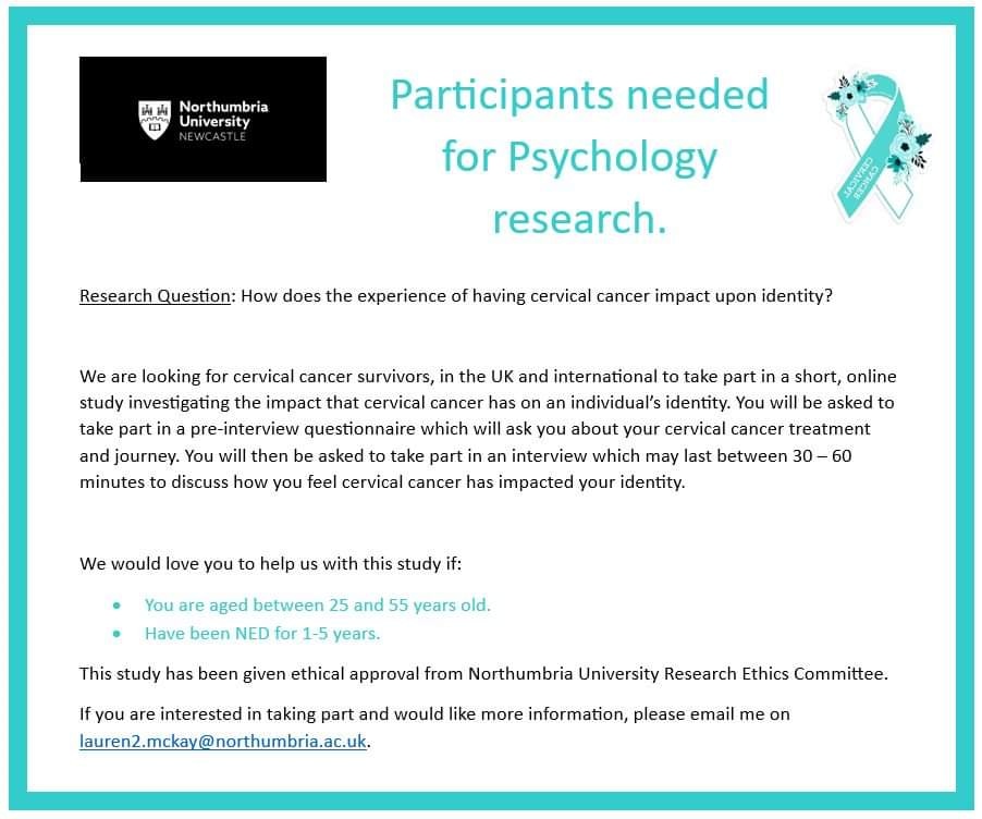 Hello,
I am looking for 5 - 10 participants for my study. 
Please could you share this to anybody you think might be interested in taking part. All information collected will remain anonymous.
#cervicalcancer #cervicalcancer support #cancer #researchpaper  #university #cervivor