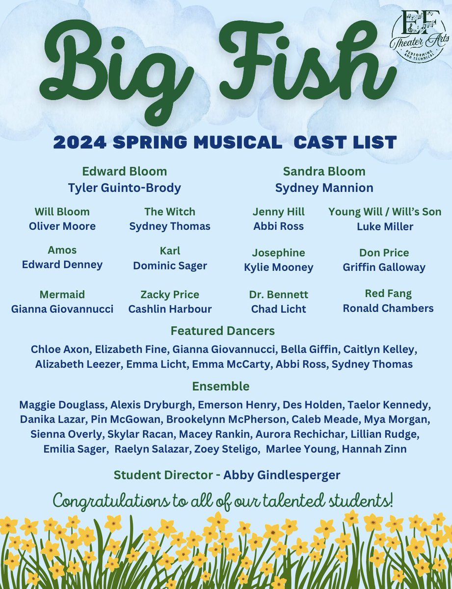 Congratulations to our cast for our 2024 Spring Musical “Big Fish”! We can’t wait to see you all shine on stage!
