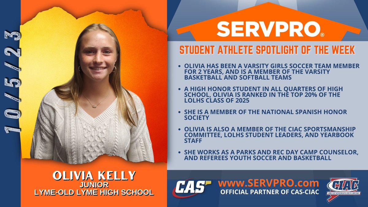 ciacsports's tweet photo. Our SERVPRO Student-Athlete Spotlight features Lyme-Old Lyme High School 3-sport athlete and high honors student Olivia Kelly. SERVPRO of Branford/Shoreline is proud of you Olivia! #servprobranfordshoreline @HilheckAD @SERVPRO https://t.co/n9dG5qb2C0