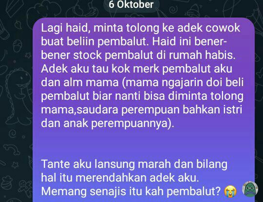 tanyarlfes's tweet image. 💚 CW // HAID

Memang harga diri laki-laki jatuh ya disuruh beli pembalut? Apa aku yang sensi karena haid ?.

Adek aku padahal biasa aja, eh aku dimarah-marah sama tante aku.