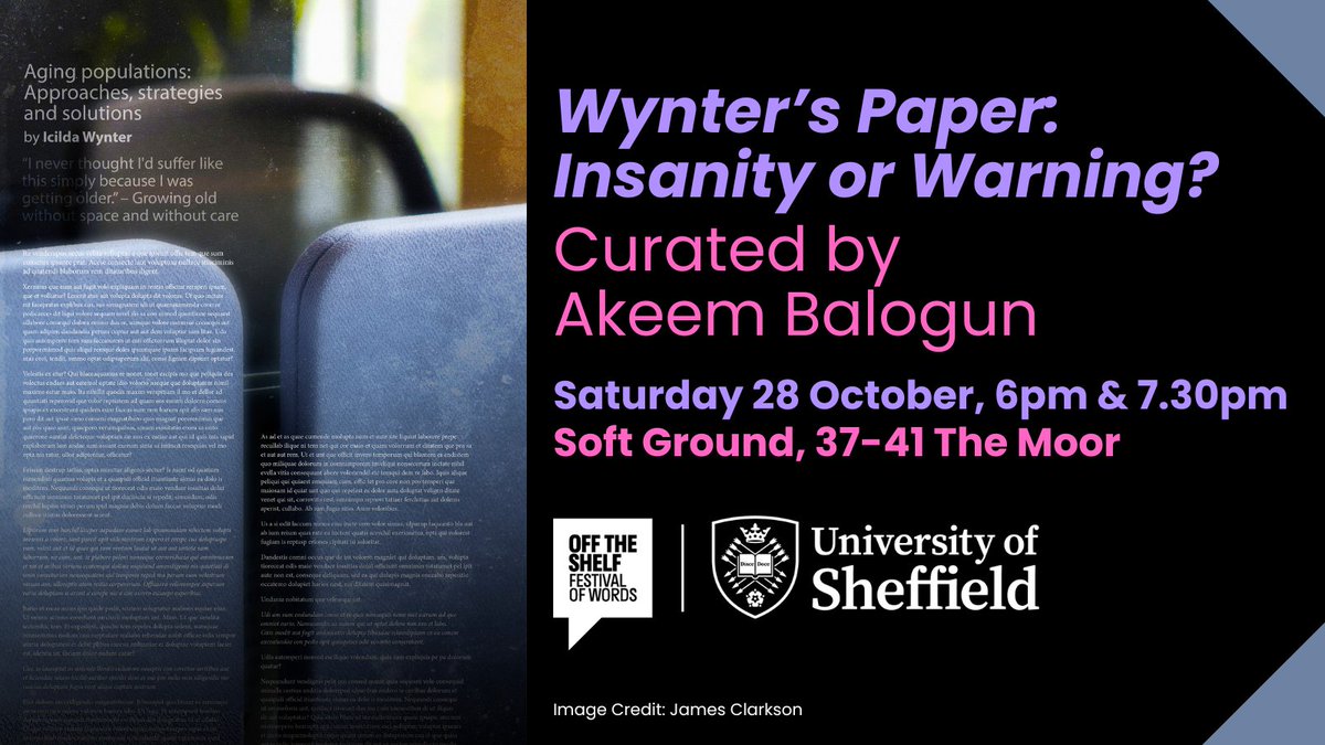 This will take audiences into the fictional world of Icilda Wynter, an economist whose controversial paper on aging populations sparked national outcry. View the photos inspired by the writing and listen to the short story on Oct 28: offtheshelf.org.uk/event/wynters-…