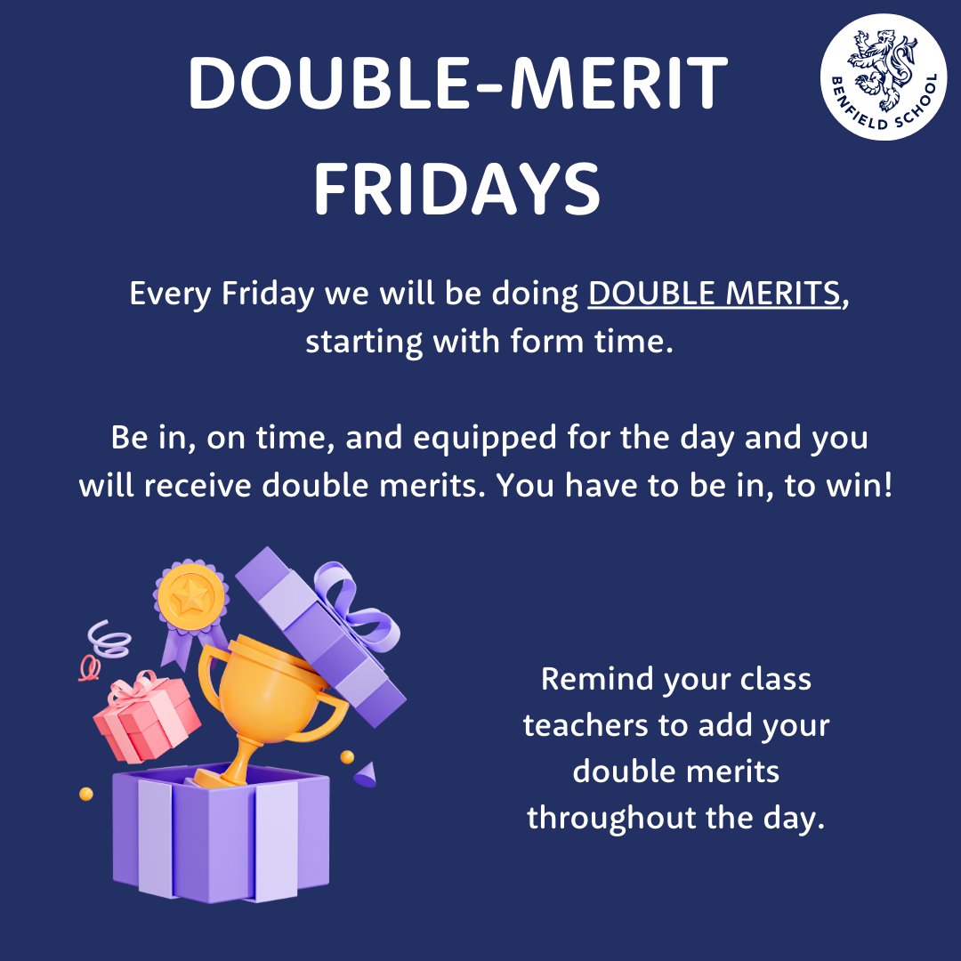 Introducing... DOUBLE-MERIT FRIDAYS 🥇

Every Friday, from start to finish, we are DOUBLING any merits received by our incredible pupils. You have to be in, to win! We will also be launching a weekly prize for #goldentickets so just watch this space for the upcoming announcement.
