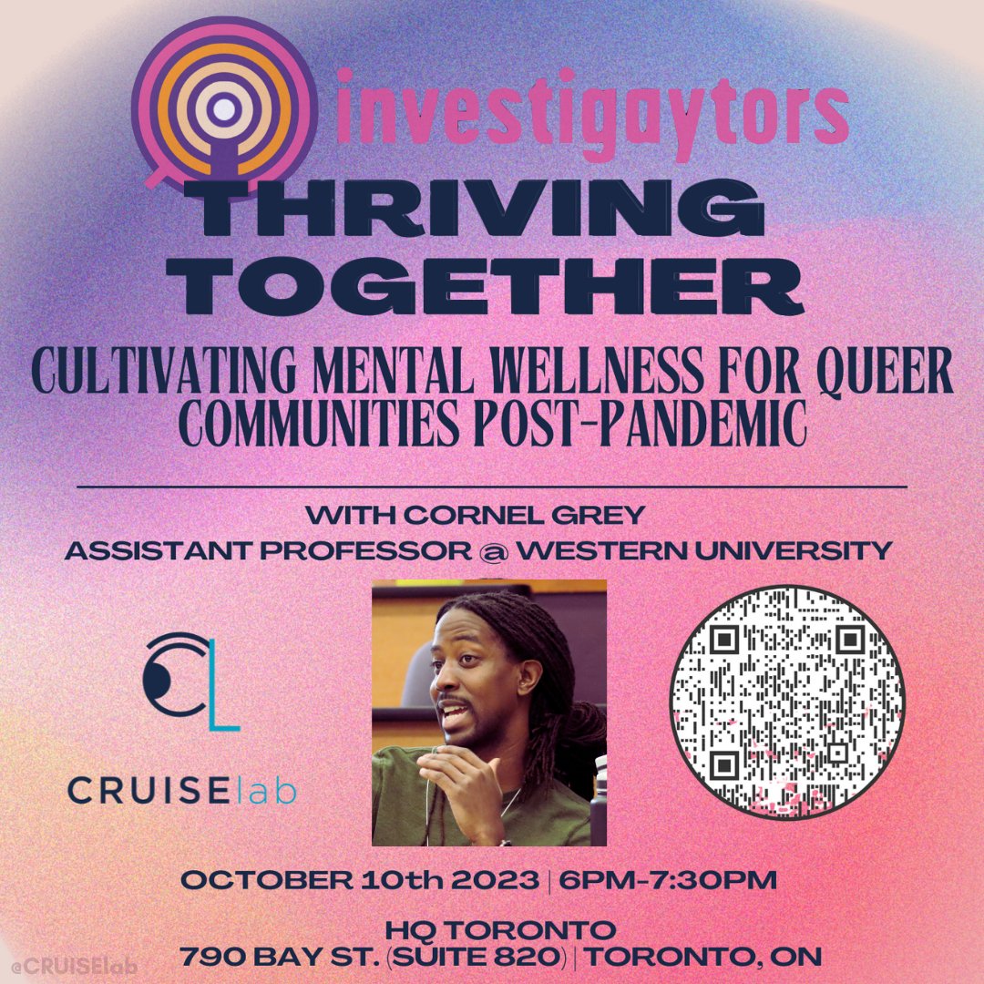 IN 5 DAYS, join us @ HQ Toronto for THRIVING TOGETHER: Cultivating Mental Wellness for Queer Communities Post-Pandemic, with Dr Cornel Grey!
Register for the event IN PERSON:
docs.google.com/.../1FAIpQLSe5…...
Register ON ZOOM:
utoronto.zoom.us/meeting/regist…