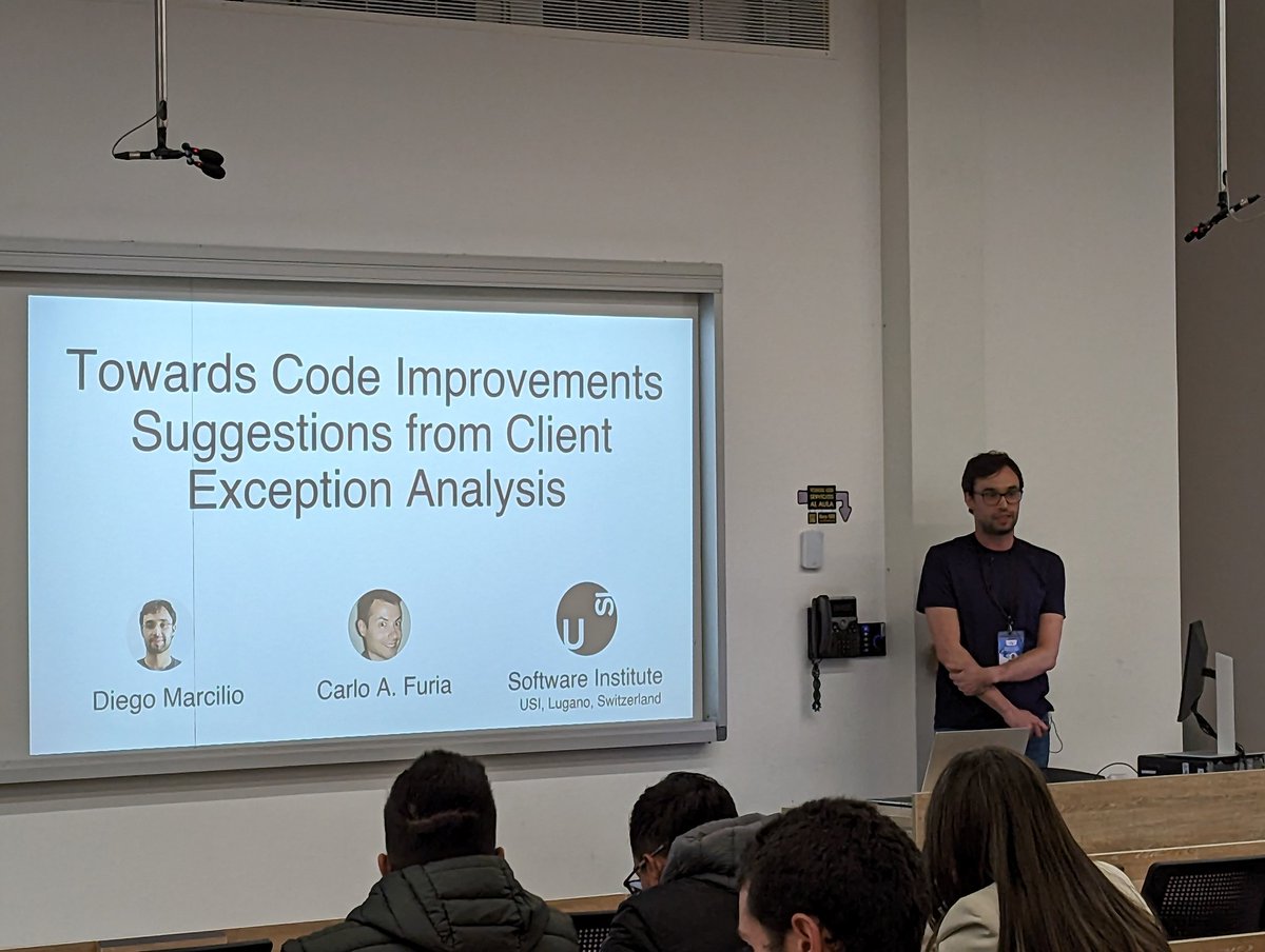 usisoftware's tweet photo. .@dvmarcilio is presenting his paper on code improvements suggestions from client exception analysis at #ICSME2023 @IEEEICSME https://t.co/UbenxImlSV