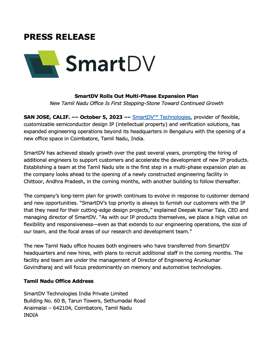 smartdv's tweet photo. Did you hear the news? We've opened an office in Tamil Nadu! 🎉
Director of Engineering Arunkumar Govindharaj leads the new Coimbatore team, with a predominant focus on #memory and #automotive #semIP
Get the full details in the press release: https://t.co/Wvi2YUdo7d https://t.co/PNvvLMMyMF
