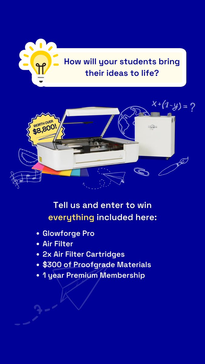 glowforge's tweet image. 🧑‍🏫 Calling all teachers: Only 5 days left to enter to win a FREE Glowforge Pro for your classroom! :clap: #GlowforgeEDU

🍎 Enter to win here: bit.ly/3RINaYB