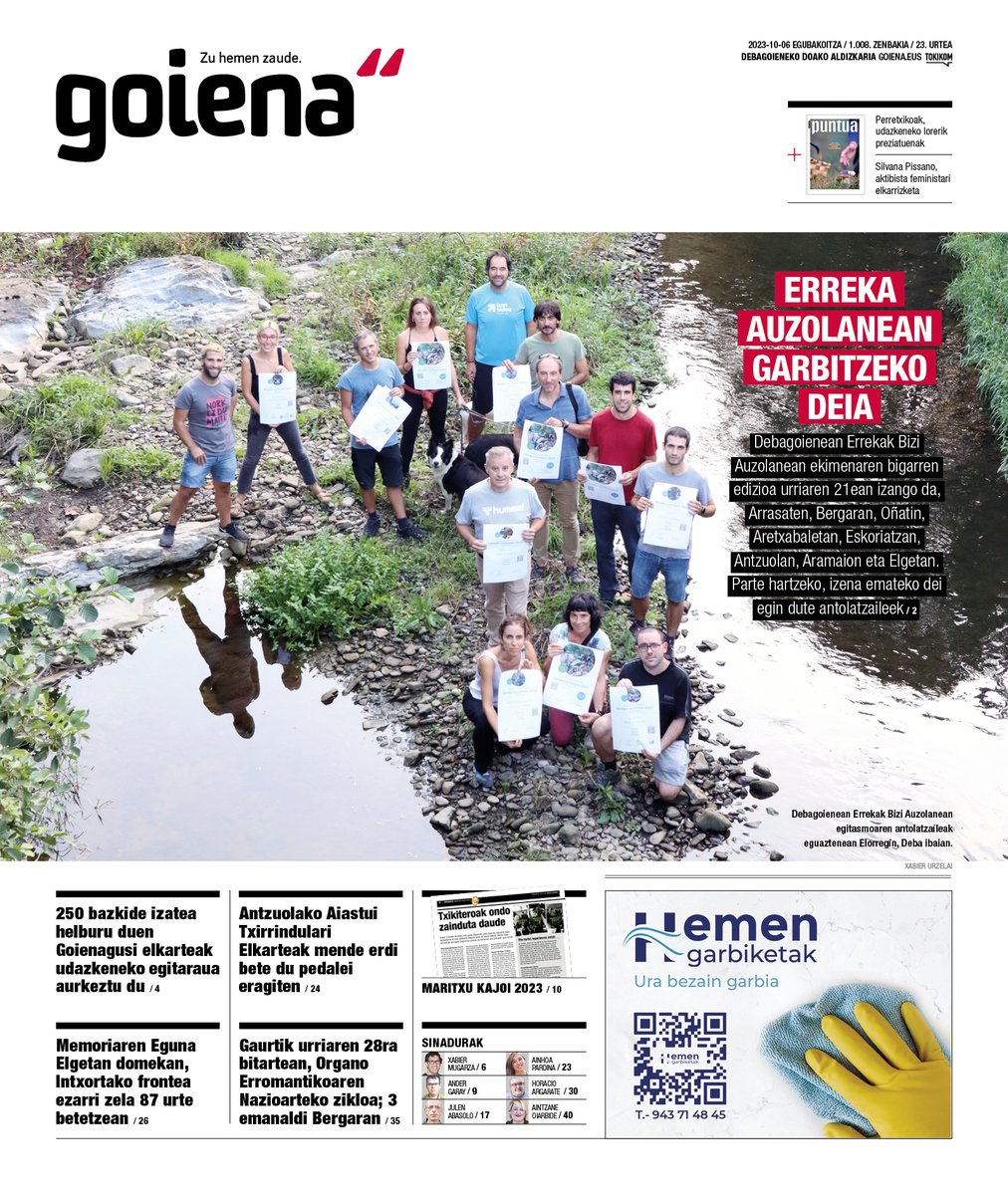 [GOIENA ALDIZKARIA] Aste honetako azala. Errekak garbitzeko deia herritarrei. Urriaren 21ean, Debagoienean Errekak Bizi Auzolanean ekimena.