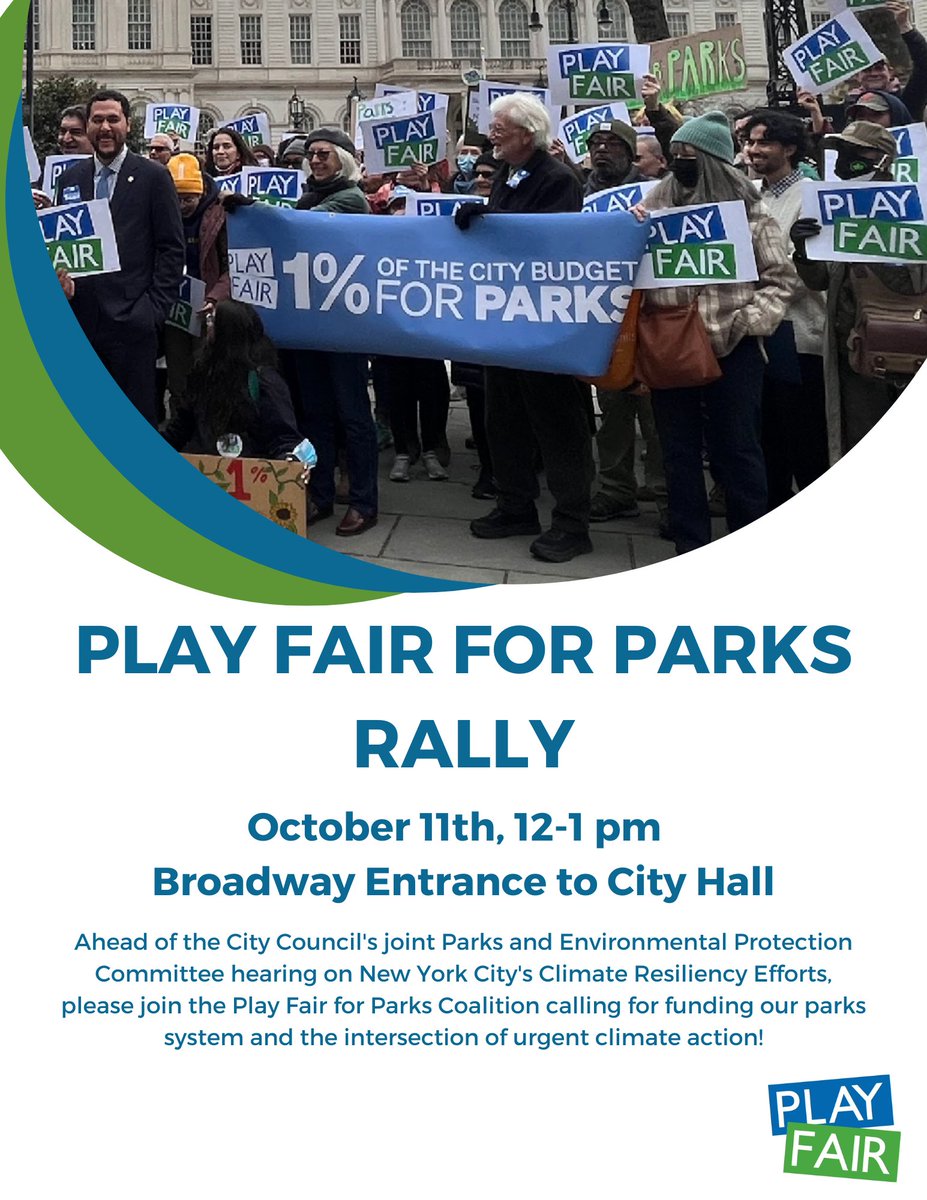 NY4P's tweet photo. ⚠️RALLY ALERT! ⚠️

Join NY4P &amp; #PlayFair at 12pm on Weds, 10/11 for a rally at City Hall.   

We're telling @NYCMayor we won't stand for proposed 5-15% cuts to @NYCParks, and demanding overdue investment in parks. 

RSVP: https://t.co/HrrVkm9KNS https://t.co/CZwUgrSQH9
