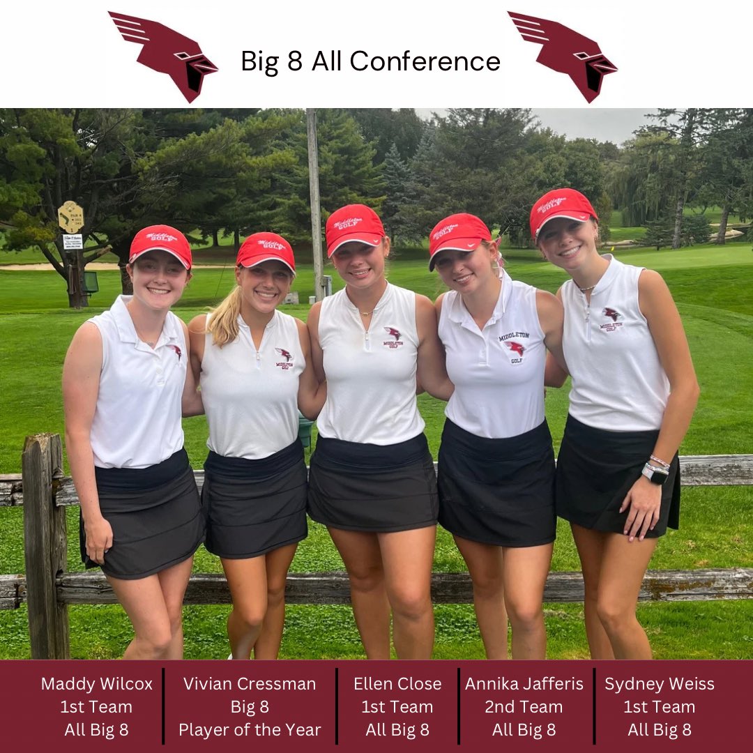mhsgirlsgolfers's tweet photo. The Big 8 All Conference Teams were announced today. Vivian - Player of the Year; Ellen - 1st Team; Sydney- 1st Team; Maddy - 1st Team; Annika - 2nd Team. Congratulations ladies! https://t.co/OPybuNv1H6