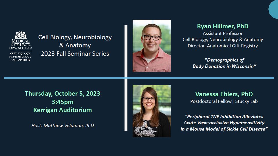 CBNA (@mcw_cbna) on Twitter photo Join us today at 3:45pm, Kerrigan Auditorium for our Fall Seminar talks given by Dr. Ryan Hillmer, Director of the Anatomical Gift Registry (AGR) & Dr. Vanessa Ehlers, Postdoctoral Fellow in <a href="/StuckyLab/">Stucky Lab</a> #MedEd #bodydonation #bioskills #neuroscience #pain_research <a href="/MedicalCollege/">Medical College of Wisconsin</a> Join us today at 3:45pm, Kerrigan Auditorium for our Fall Seminar talks given by Dr. Ryan Hillmer, Director of the Anatomical Gift Registry (AGR) & Dr. Vanessa Ehlers, Postdoctoral Fellow in <a href="/StuckyLab/">Stucky Lab</a> #MedEd #bodydonation #bioskills #neuroscience #pain_research <a href="/MedicalCollege/">Medical College of Wisconsin</a>