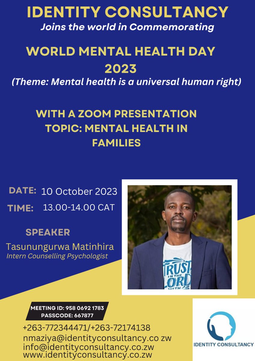 World Mental Health Day commemorations. Join us on this webinar as we look at what families can do to boost the mental health of family members. <a href="/MentalbalanceS/">Mental Balance Magazine</a> <a href="/allied_council/">Allied Health Practitioners Council of Zimbabwe</a> <a href="/ZimbabwePsycho1/">Zimbabwe Psychological Association</a> <a href="/ZirimaHerbert/">Herbert Zirima</a> <a href="/Shumbakadzi11/">G A G A</a> <a href="/thandaza_golide/">MaTshuma❤️✨</a>