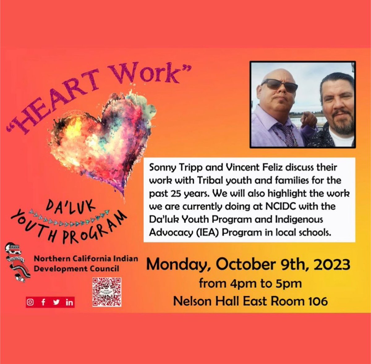 NCIDC's tweet photo. Join NCIDC and the Da'luk Youth Program at Cal Poly Humboldt this Monday 10/9/23, the beginning of Indigenous Peoples Week! From 4:00-5:00 p.m., Sonny Tripp and Vincent Feliz will be speaking at Nelson Hall East Room 106. https://t.co/vBN0bsOAjZ