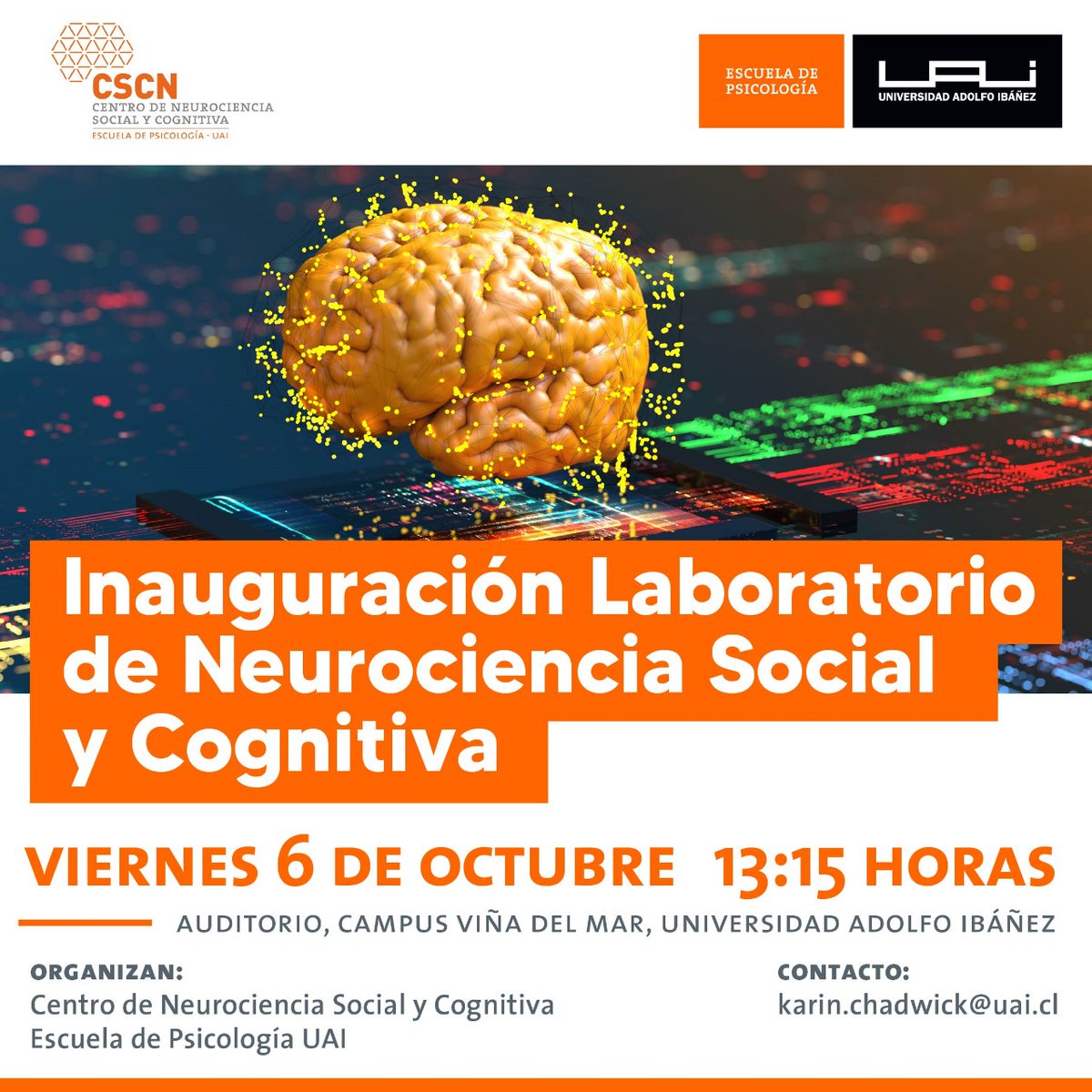 cscn_uai's tweet image. Mañana viernes 06 de oct., se realizará la inauguración de los nuevos laboratorios de Neurociencia Social y Cognitiva, en nuestra sede de Viña del Mar. Destacamos a nuestros investigadores, Sebastián Contreras y Felipe Rojas, quienes desarrollarán líneas de investigación en aquí.
