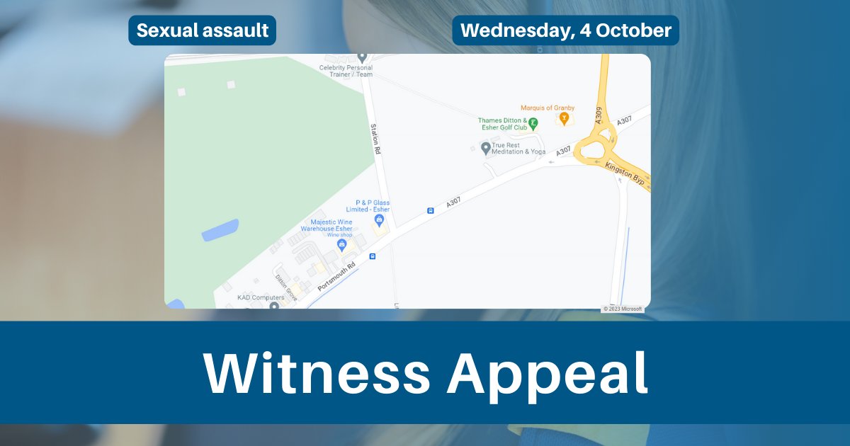 We're appealing for witnesses following a report of a sexual assault on Portsmouth Road in #Esher yesterday.

This occurred at 3.45pm &amp; the suspect identified himself as in his early 20s and from Japan.

If you have any info, please DM us - PR/45230112293. spkl.io/60194mAV5