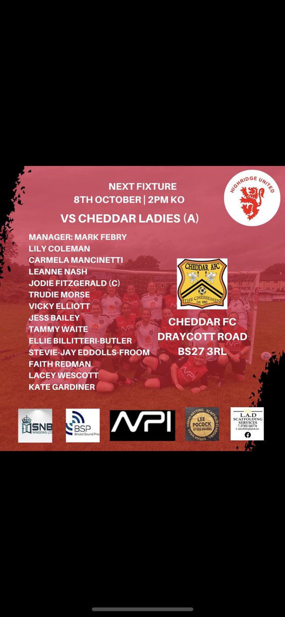 FcHighridge's tweet photo. This Sunday we travel to Cheddar for our re arranged match against @CheddarLadies
How we line up ⚽️⚫️🔴 #UTR https://t.co/sQYgHkl6Ey