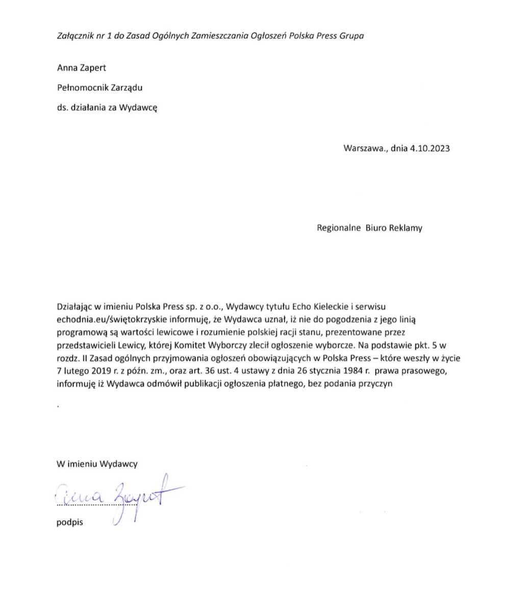 Kandydaci Lewicy w woj. świętokrzyskim nie mogą się reklamować w gazetach kontrolowanych przez Orlen Grupa Polska Press. Oficjalny powód: Nie do pogodzenia są wartości lewicowe z linią programową.