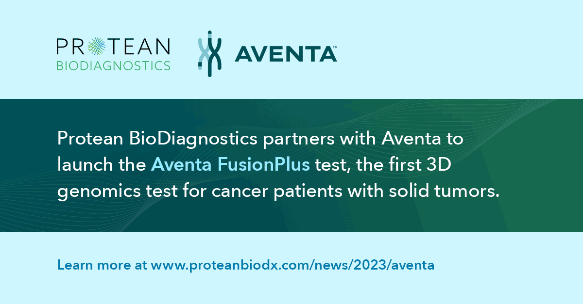 Announcing Aventa FusionPlus, the first CLIA certified 3D genomics test for cancer patients. Aventa is a joint collaboration between Protean and <a href="/ArimaGenomics/">Arima Genomics</a>.
Learn more on our website: lnkd.in/e2jt3inj